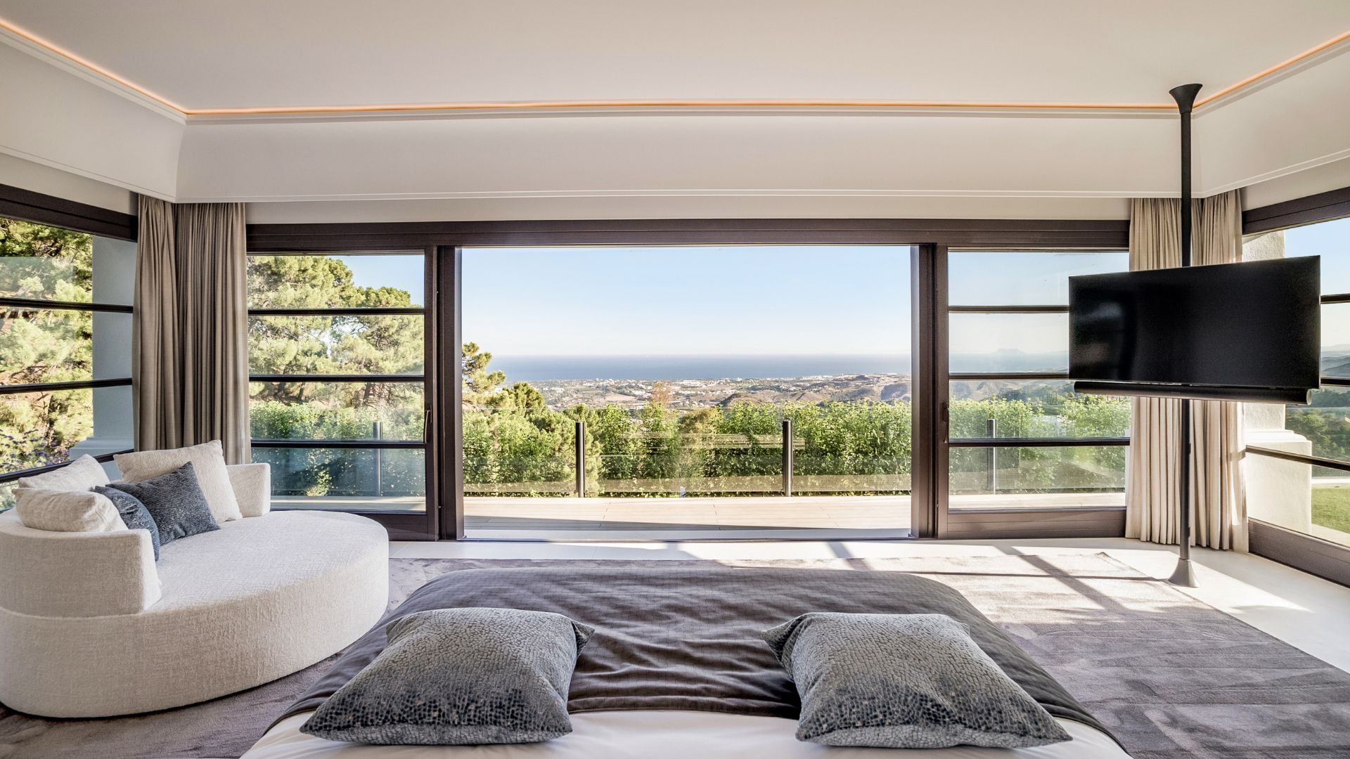 Bedroom with panoramic views in Aloha, Marbella. the property is for sale from MPDunne & Hamptons International